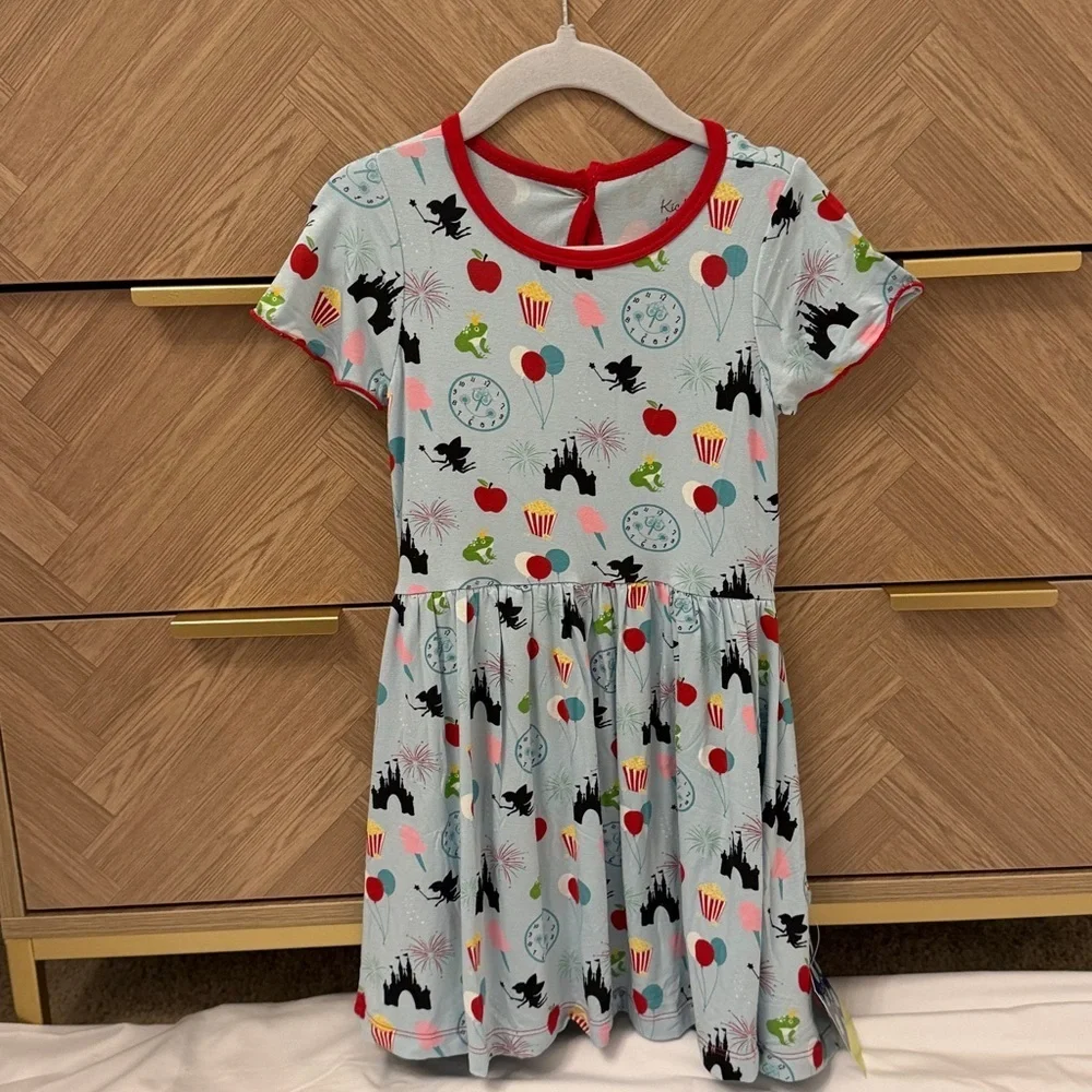 Kickee Pants Blue Dress with Red Trim and Fun Print